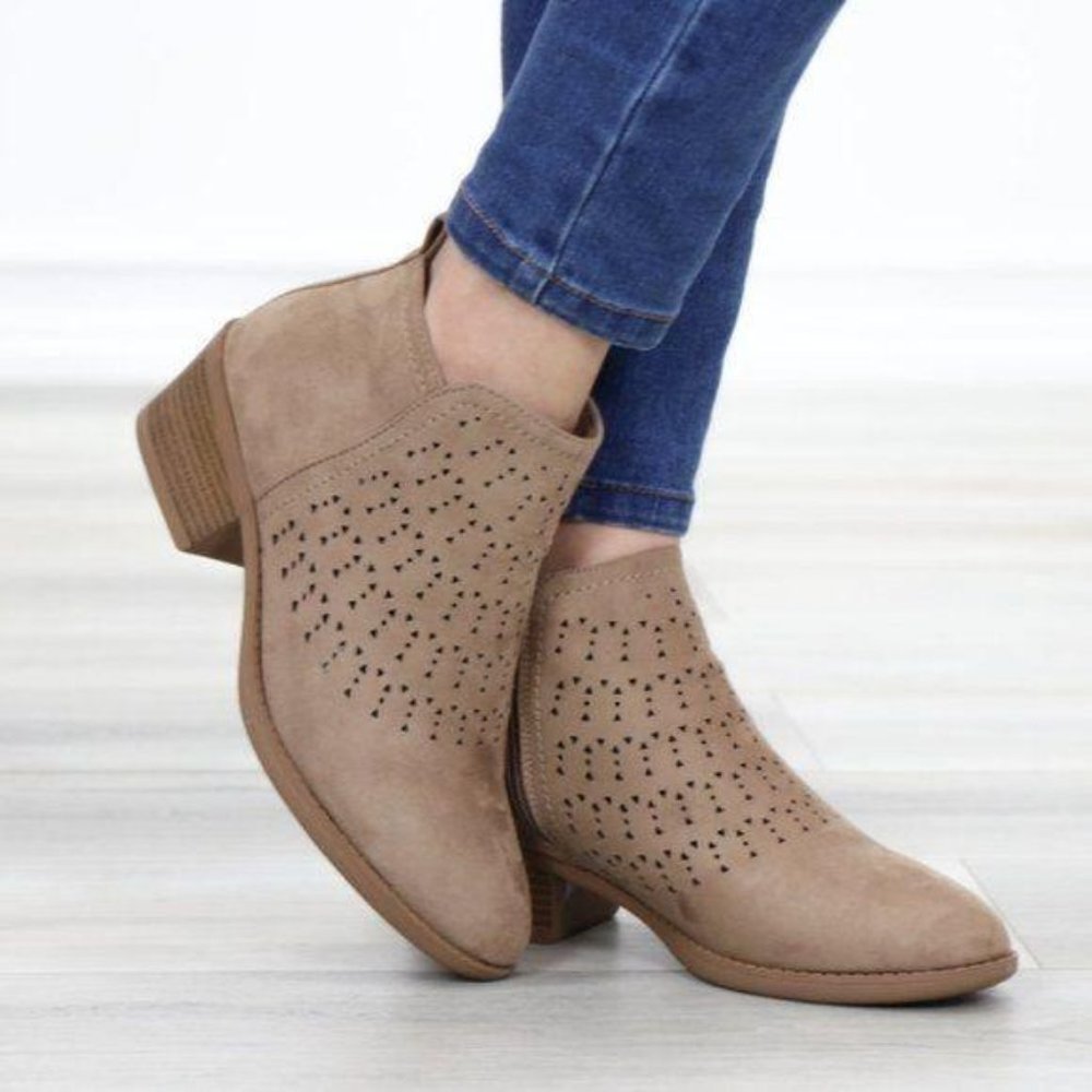 Taupe Suede Ankle Boots Laser Cut Design - Picture 7 of 11